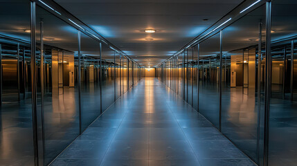 Fototapeta premium Captivating hallway featuring endless reflections in mirrors, illuminated by soft blue and warm light, creating surreal atmosphere