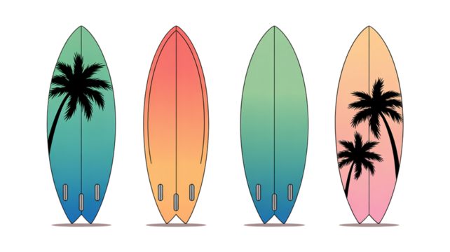 Four colorful surfboards with tropical palm tree designs on transparent background, surf board illustration - Powered by Adobe
