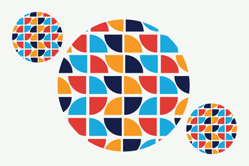 Abstract geometric background with half-circle colorful pattern in red, blue, yellow, and navy. Minimal modern grid design ideal for branding, posters, textiles, and digital artwork.