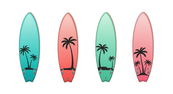 Four colorful surfboards with tropical palm tree designs on transparent background, surf board illustration - Powered by Adobe