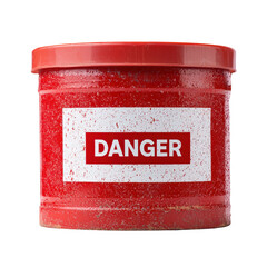 Red metal barrel with Danger label, indicating hazardous material. barrel is weathered