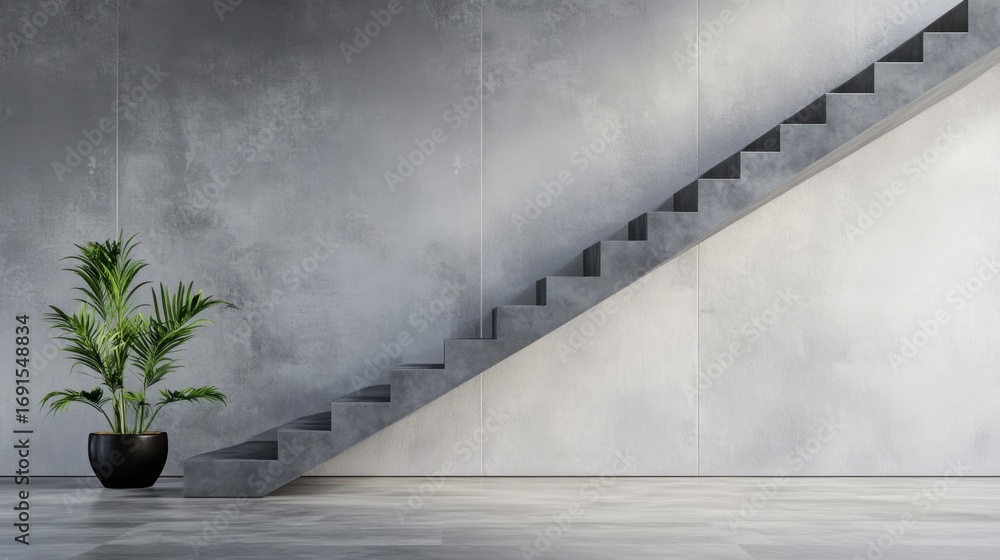 Poster abstract stair design in grey tones with distressed wall creating visual tension.