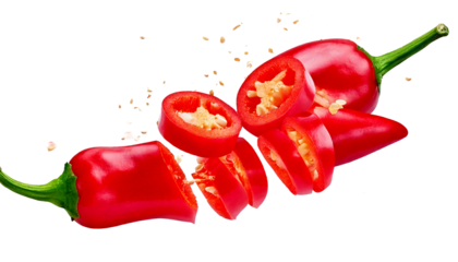  Fresh red chilli pepper and cross sections of chilli pepper with seeds floating in the air png