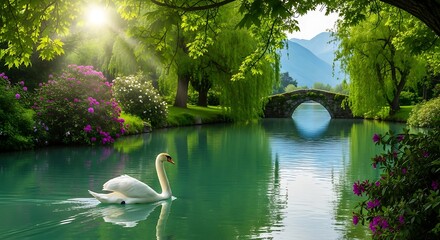 Swan gliding gracefully on a serene lake surrounded by lush greenery and a stone bridge backdrop