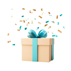 Beige gift box with blue ribbon and bow, surrounded by falling confetti, conveys festive and celebratory mood