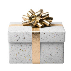 White gift box with gold speckles and shiny gold ribbon exudes elegance and festivity