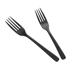 Two elegant black wooden forks on transparency background, showcasing minimalist design and natural texture