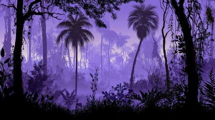 Obraz premium Lush violet jungle vista, showcasing dense vegetation, palm trees, and a misty atmosphere, creating an enchanting and mysterious scene