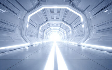 Obraz premium Futuristic white tunnel with bright neon lights and smooth surfaces