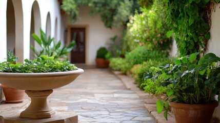 Fototapeta premium Arched stone walkway around a courtyard fountain, filled with greenery and calm light
