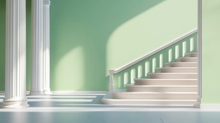 Obraz premium Architectural scene with white columns, pastel green walls, and a stairway bathed in soft daylight