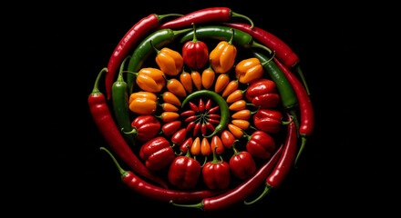 Artistic spiral arrangement of red chili peppers on black background for creative spicey culinary concept