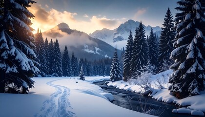 Naklejka premium Snowy mountain valley at sunrise