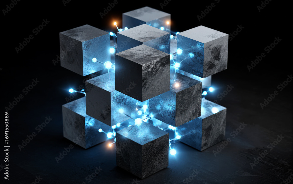 Poster abstract 3d cubes with glowing connections in a modern design