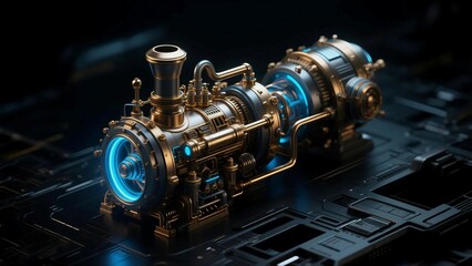 Fototapeta premium Futuristic Steampunk Engine with Blue Neon Lights – Sci-Fi Technology Concept Art