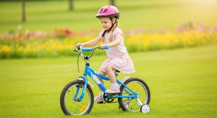 Fototapeta premium A young girl riding a blue bicycle in a park with flowers.