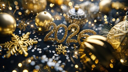 Festive Golden New Year Decorations with 2022 Glittering Number in Black Background