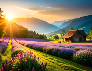 Lavender field at sunrise, rustic cabin