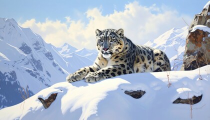 Fototapeta premium A snow leopard rests serenely on a snow-covered mountain peak, bathed in the bright sunlight of a clear winter day.