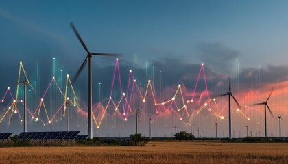 Wind turbines and solar panels stand on field with overlaid, colorful line graph during sunset. Sky is vibrant and cloudy, suggesting innovation