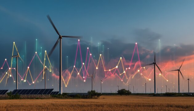 Wind turbines and solar panels stand on field with overlaid, colorful line graph during sunset. Sky is vibrant and cloudy, suggesting innovation