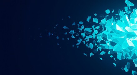 Exploding blue geometric fragments creating a dynamic, abstract background effect on a dark backdrop