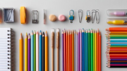 Obraz premium Colorful school stationery and art supplies including pencils, markers, notebooks, erasers, and ruler arranged on white background for education and learning concept