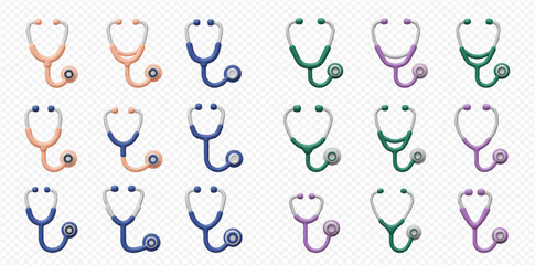 Collection of colorful stethoscopes in various shades of pink, blue, green, and purple on a transparent background.