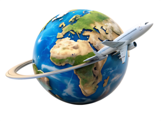 White airplane flying around blue green earth isolated on a transparent background aircraft travel