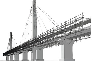 Obraz premium Architectural drawing depicting a contemporary cable-stayed bridge structure under construction, featuring intricate scaffolding for workers.