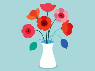 Obraz premium Vibrant Floral Arrangement in White Vase Colorful Poppy Flowers on Blue Background
