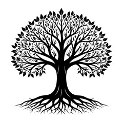 Stylized black tree silhouette with visible roots and branches