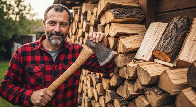 A man in a red and black plaid shirt holding an axe in front of a pile of chopped wood.