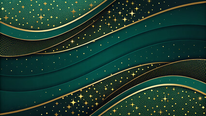 Luxury abstract gradient mesh background in black and emerald with scattered gold sparkles, ideal for premium holiday promotions.