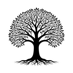 Stylized black tree silhouette with visible roots and branches