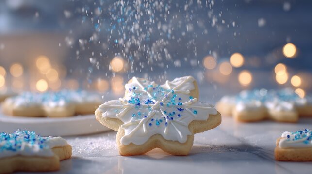 Star cookies with white frosting & blue sprinkles are on a bright, marble surface as sugar dusts down, bokeh lights in the background