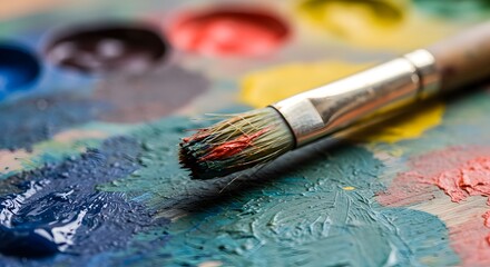 Acrylic paint brush on a wooden palette