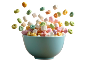 Whimsical bowl overflowing with colorful cereal and sweet marshmallows