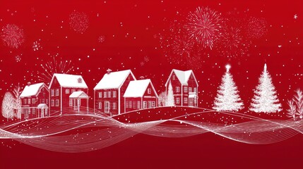 Festive Holiday Scene with Snow-covered Houses and Illuminated Trees on Red Background
