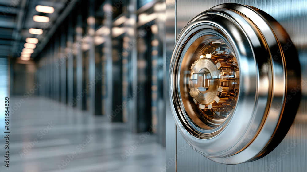 Poster futuristic bank vault with advanced security system and metallic finish, showcasing intricate