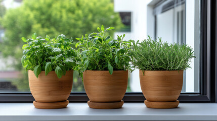 Fototapeta premium Fresh herbs in pots on windowsill create vibrant and inviting atmosphere