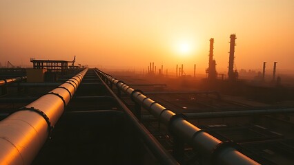 Industrial refinery at sunset with steel structures against a dramatic orange sky.