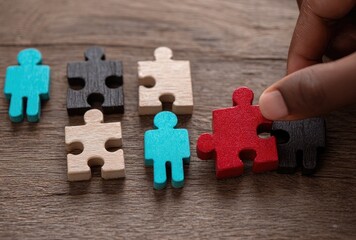 A hand places a red puzzle piece among others of various colors and human shapes on a textured wooden surface, suggesting connection and problem solving