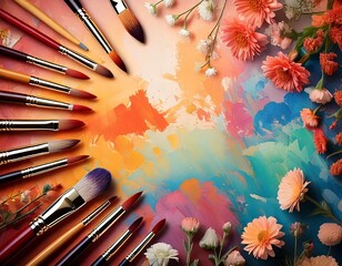 Fototapeta premium Artistic creation scene with paintbrushes and flowers white background 