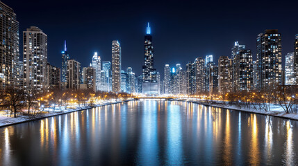 Obraz premium City skyline at night with glowing lights reflecting on water, creating serene atmosphere