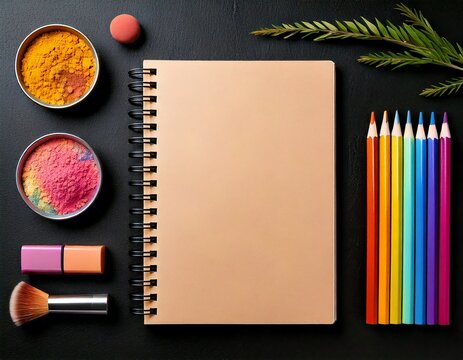 Artistic flat lay with notebook colored pencils and makeup brush white background 
