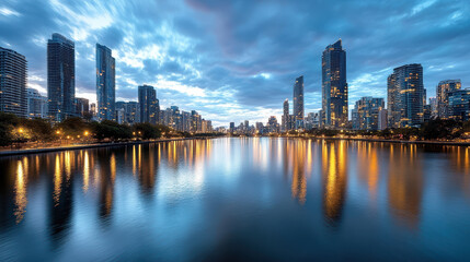 Obraz premium City skyline with glowing river reflections, modern architecture, and vibrant lights create