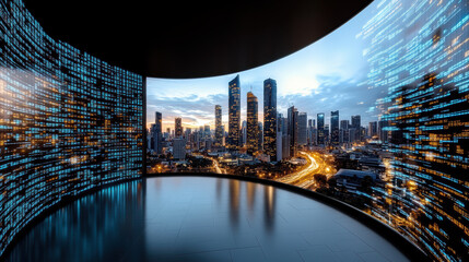 Futuristic city skyline with digital data overlay, showcasing vibrant lights and technology