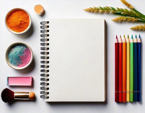 Artistic flat lay with notebook colored pencils and makeup brush white background 