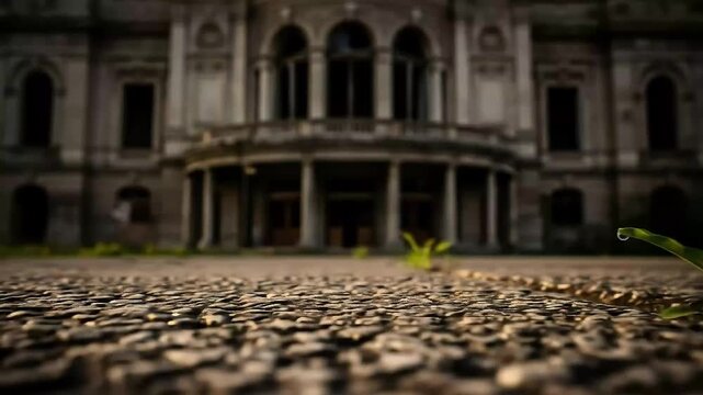A single green sprout grows through a crack in the ground in front of a large abandoned derelict mansion.